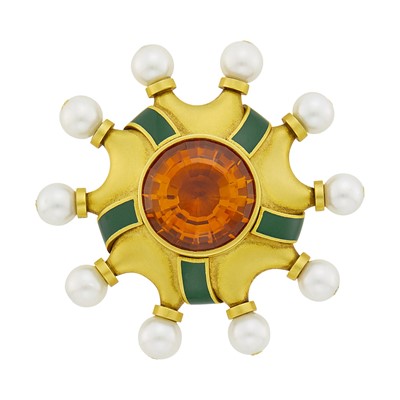 Lot 25 - Barry Kieselstein-Cord Gold, Citrine, Cultured Pearl and Green Enamel Clip-Brooch