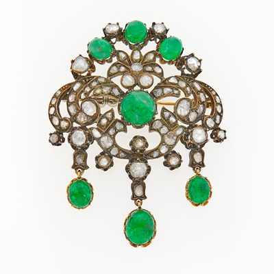 Lot 2153 - Antique Gold, Silver, Cabochon Emerald and Diamond Pendant-Brooch