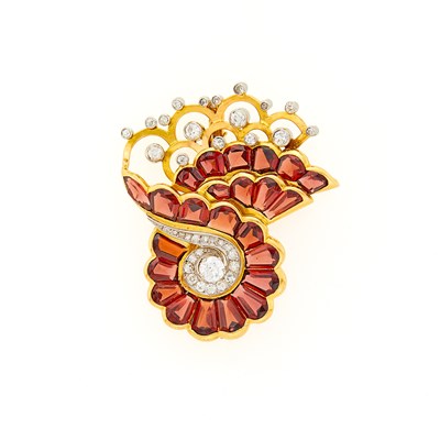 Lot 2057 - Two-Color Gold, Garnet and Diamond Brooch