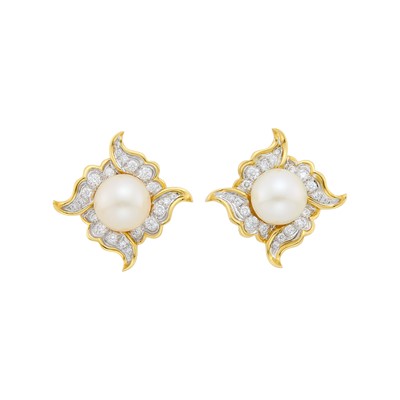 Lot 118 - Angela Cummings for Assael Pair of Gold, Platinum, Cultured Pearl and Diamond Earclips