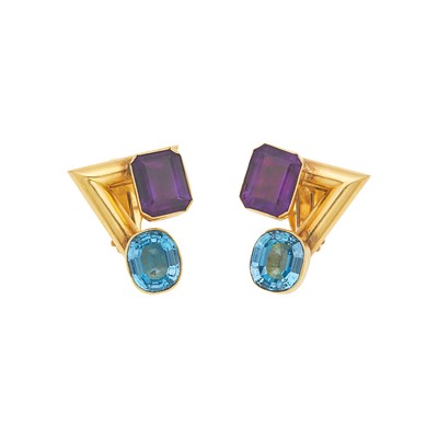 Lot 1046 - Pair of Gold, Amethyst and Blue Topaz Earclips