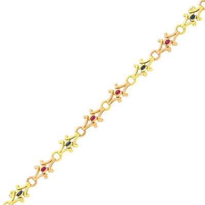 Lot 1191 - Two-Color Gold, Sapphire and Ruby Link Bracelet