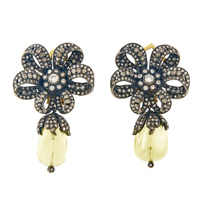 Lot 2245 - Pair of Silver, Yellow Quartz Bead and Diamond Flower Pendant-Earclips