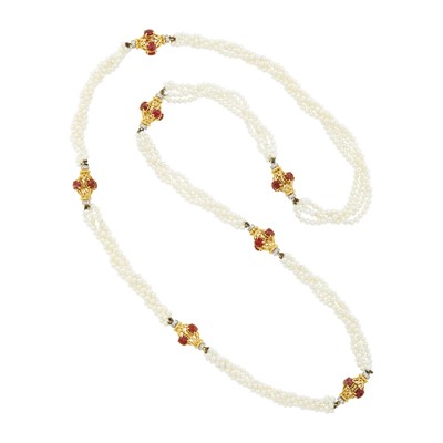 Lot 1026 - Long Four Strand Twisted Cultured Pearl, Two-Color Gold, Cabochon Ruby and Diamond Necklace