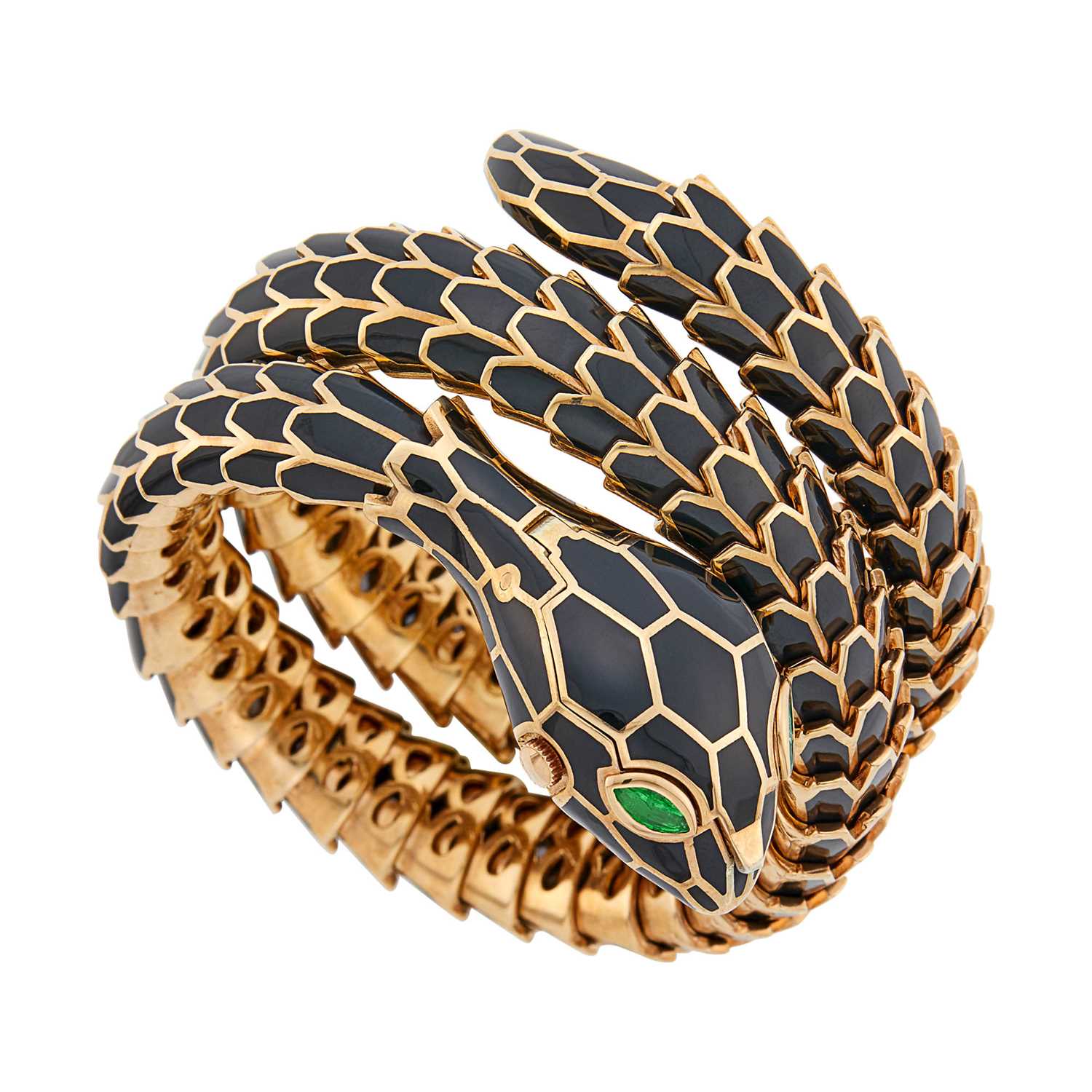 Lot 1102 - Alexis Rose Gold-Plated Silver, Black Enamel and Emerald Snake Bracelet-Watch