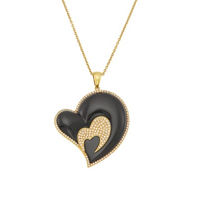 Lot 1220 - Gold, Black Onyx and Diamond Heart Pendant-Necklace