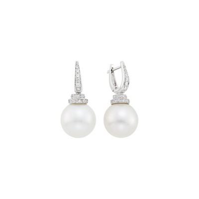 Lot 2101 - Pair of White Gold, South Sea Cultured Pearl and Diamond Pendant-Earrings