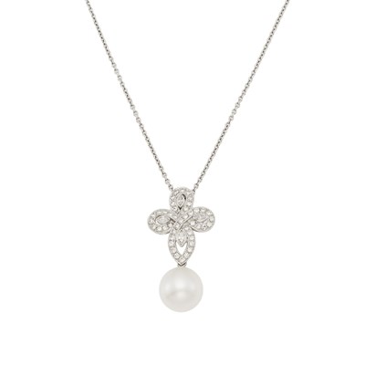 Lot 2225 - White Gold, Cultured Pearl and Diamond Pendant with Chain Necklace