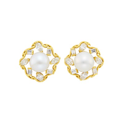 Lot 31 - E. Wolfe & Co. Pair of Gold, South Sea Cultured Pearl and Diamond Earrings