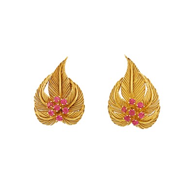 Lot 1041 - Tiffany & Co. Pair of Gold and Ruby Earclips