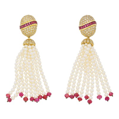 Lot 1207 - Pair of Gold, Cultured Pearl, Ruby and Diamond Fringe Pendant-Earrings