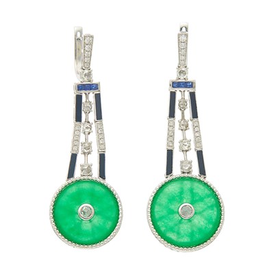 Lot 2094 - Pair of White Gold, Jade, Black Onyx, Sapphire and Diamond Pendant-Earrings