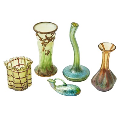 Lot 310 - Group of Five Bohemian Jugendstil Iridescent Art Glass Vases