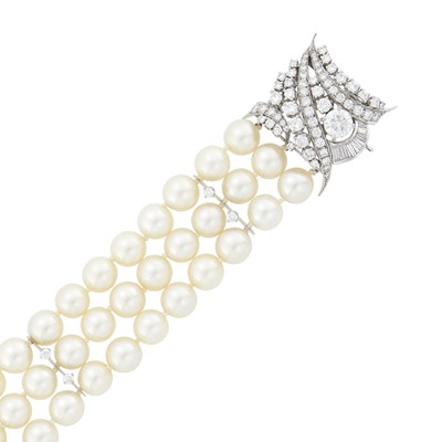 Lot 1077 - Triple Strand Cultured Pearl, Platinum and Diamond Bracelet