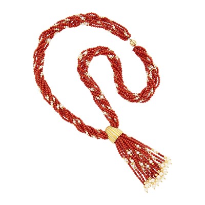 Lot 1026 - Multistrand Oxblood Coral and Gold Bead, Cultured Pearl, Gold and Diamond Sautoir