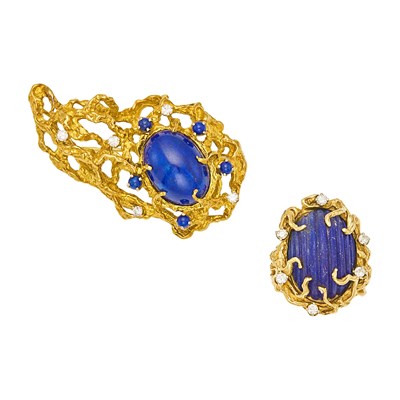 Lot 2257 - Gold, Lapis and Diamond Ring and Pendant-Brooch