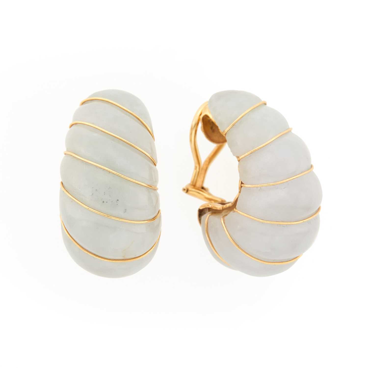 Lot 2039 - Pair of Gold and Carved White Jade Shrimp Earclips