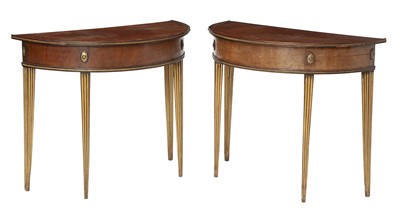 Lot 281 - Pair of Walnut and Parcel-Gilt Demilune Tables