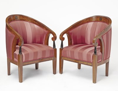 Lot 242 - Pair of Biedermeier Walnut and Maple Tub Chairs