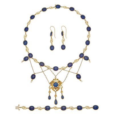 Lot 2131 - Gold, Lapis and Cultured and Freshwater Pearl Swag Necklace, Bracelet and Pair of Pendant-Earrings