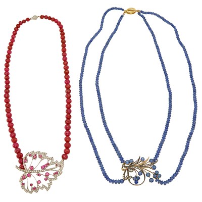 Lot 2180 - Two White and Yellow Gold, Silver, Diamond, Ruby and Sapphire Bead Necklaces