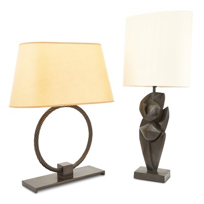 Lot 832 - Two Contemporary Design Bronze Patinated Metal Table Lamps