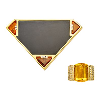 Lot 2063 - Sonia B. Gold, Citrine and Diamond Ring and Gold, Onyx, Diamond and Fire Opal Brooch