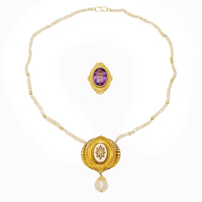 Lot 2146 - Gold and Cabochon Amethyst Ring and Gold, Enamel and Pearl Pendant with Pearl Necklace