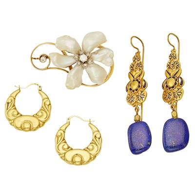 Lot 2285 - Group of Gold, Blue Enamel, Baroque Freshwater Pearl, Lapis and Diamond Jewelry