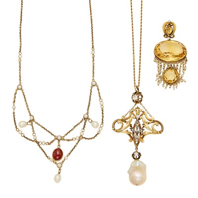 Lot 2142 - Group of Gold, Low Karat Gold, Silver, Baroque and Freshwater Pearl, Citrine and Cabochon Garnet Jewelry