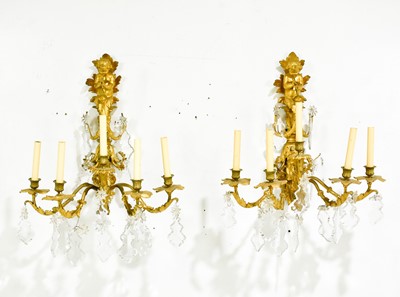 Lot 16 - Pair of Louis XV Style Gilt Metal and Drop Crystal 5-Light Wall Lights