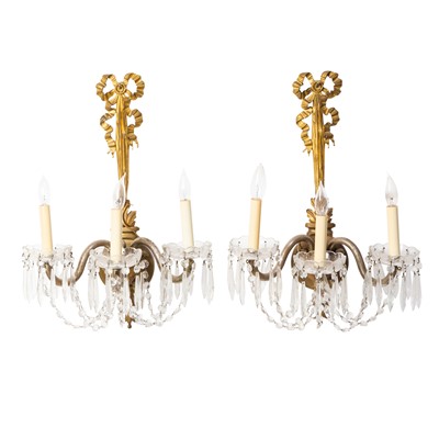 Lot 227 - Pair of Gilt-Metal and Crystal Three Light Sconces