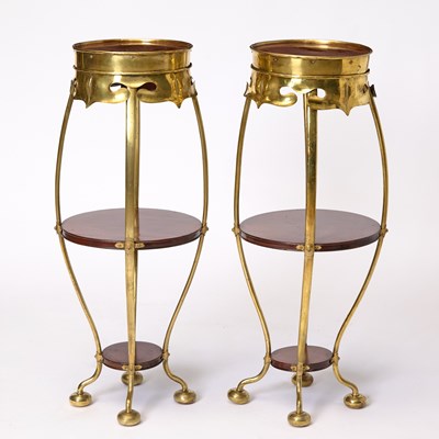 Lot 324 - Pair of Art Nouveau Brass and Mahogany Three Tier Stands