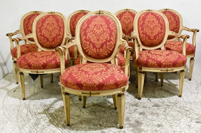 Lot 56 - Set of 8 Italian Neoclassical Style Cream-Painted and Parcel-Gilt Armchairs