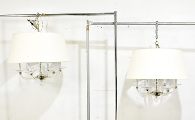 Lot 58 - Pair of Modern Glass and Chrome 6-Light Chandeliers with Shades