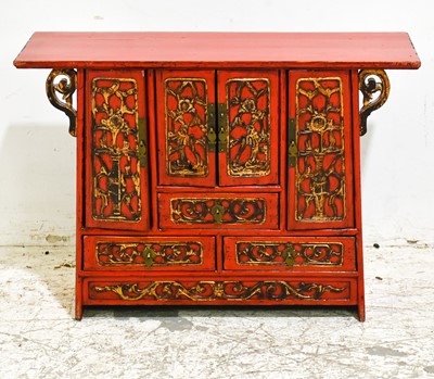 Lot 65 - Chinese-Style Red-Painted Diminutive Cabinet
