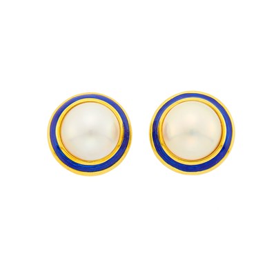 Lot 1218 - Tiffany & Co. Pair of Gold, Blue Guilloché Enamel and Mabé Pearl Earrings