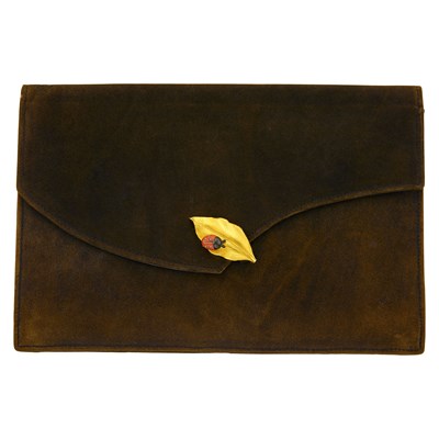 Lot 1224 - Cartier Paris Brown Suede, Gold, Coral and Enamel Ladybug Clutch