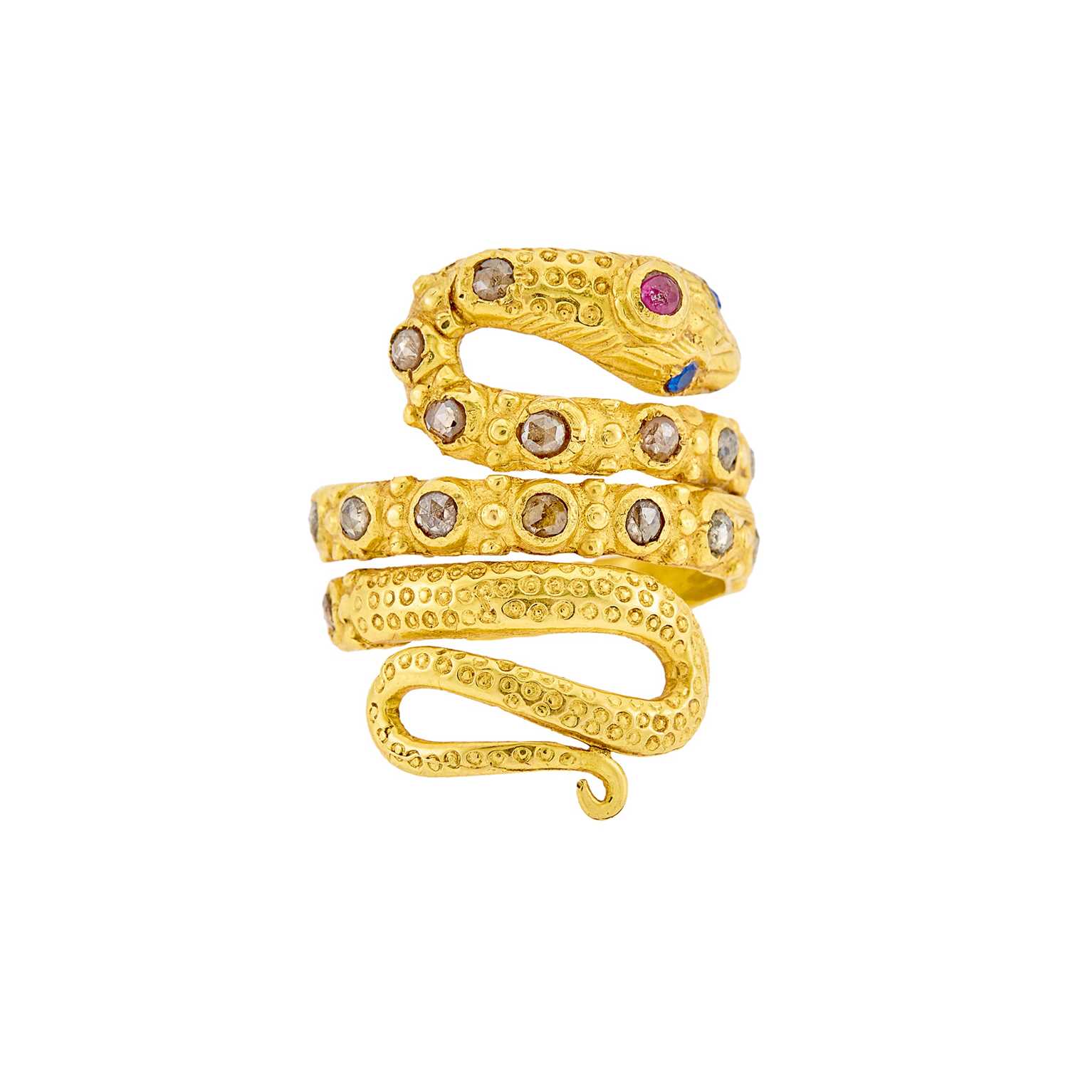 Lot 1074 - Gold, Diamond, Ruby and Sapphire Snake Ring