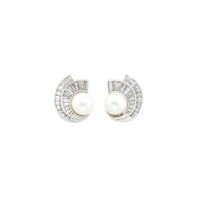 Lot 1071 - Pair of Platinum, Cultured Pearl and Diamond Earclips