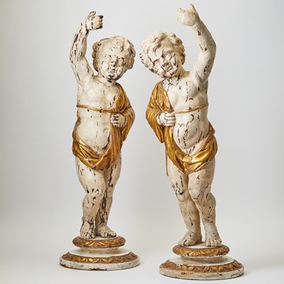 Lot 147 - Pair of Continental Painted and Parcel-Gilt Figures of Cherubs