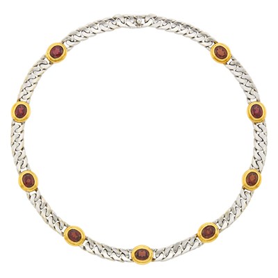 Lot 68 - Bulgari White Gold, Gold and Garnet Curb Link Chain Necklace