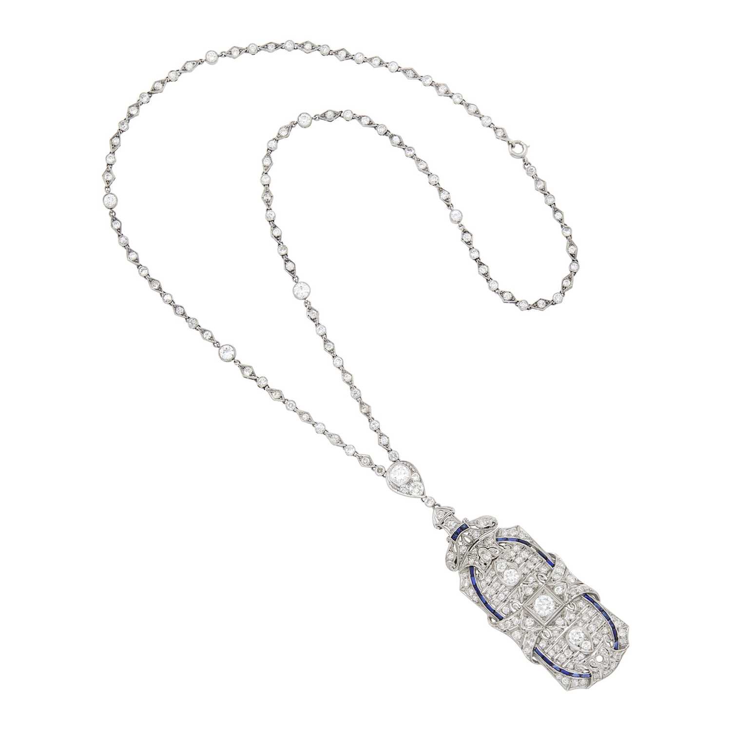 Lot 1186 - Platinum and Diamond Chain Necklace with Diamond and Synthetic Sapphire Pendant-Brooch