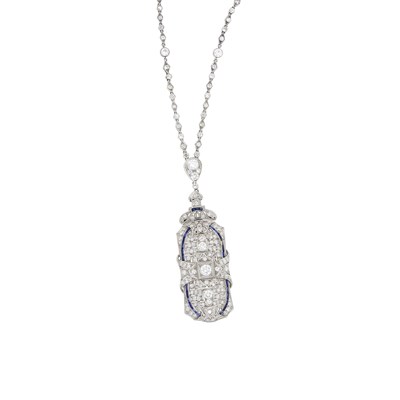Lot 1186 - Platinum and Diamond Chain Necklace with Diamond and Synthetic Sapphire Pendant-Brooch
