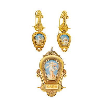 Lot 1192 - Etruscan Revival Pair of Gold and Painted Enamel Portrait Earrings and Pendant-Brooch