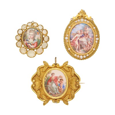 Lot 2112 - Two Gold, Silver-Gilt, Painted Porcelain, Paste, Freshwater Pearl Pins and Pendant