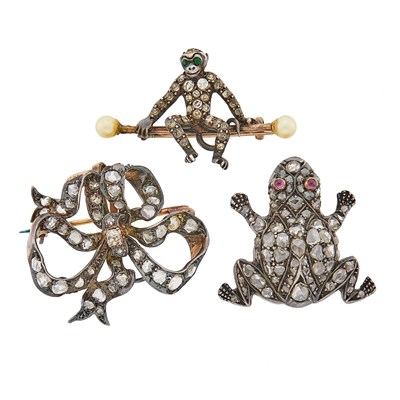 Lot 2154 - Three Silver, Gold, Diamond and Gem-Set Pins