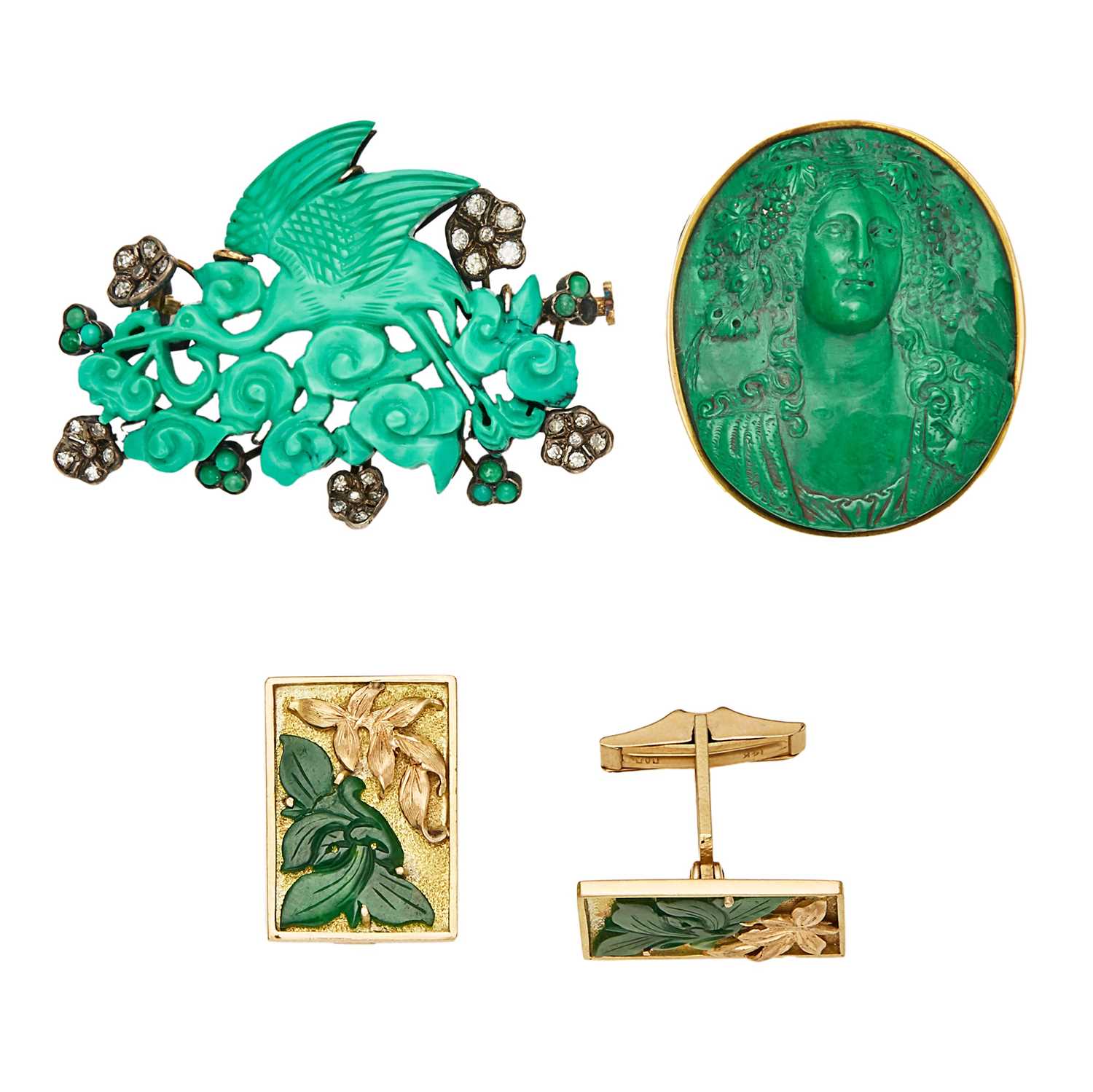 Lot 2097 - Gold, Silver, Turquoise and Diamond Brooch, Gold and Carved Malachite Brooch and Pair of Jade Cufflinks