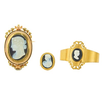 Lot 2195 - Gold-Filled and Sardonyx Cameo Bangle Bracelet, Gold Ring and Two-Color Gold Pendant-Brooch