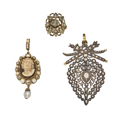 Lot 2155 - Two Antique Silver, Diamond and Pearl Pendants and Ring